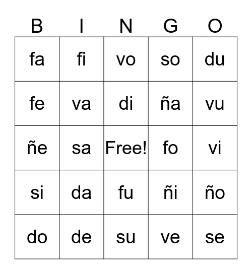 Bingo de Silabas (S, D, F, N, V) Bingo Card