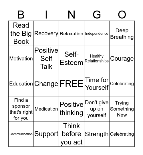 Recovery Bingo Card