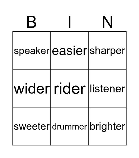 Adding -er to words Bingo Card