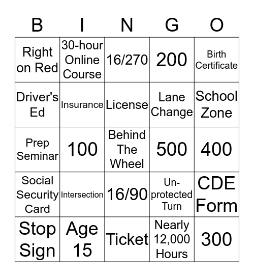 Behind The Wheel Bingo Card