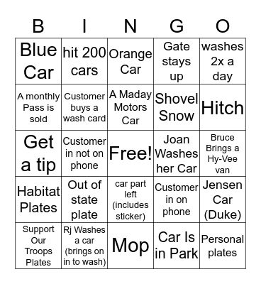 Car Wash Bingo Card