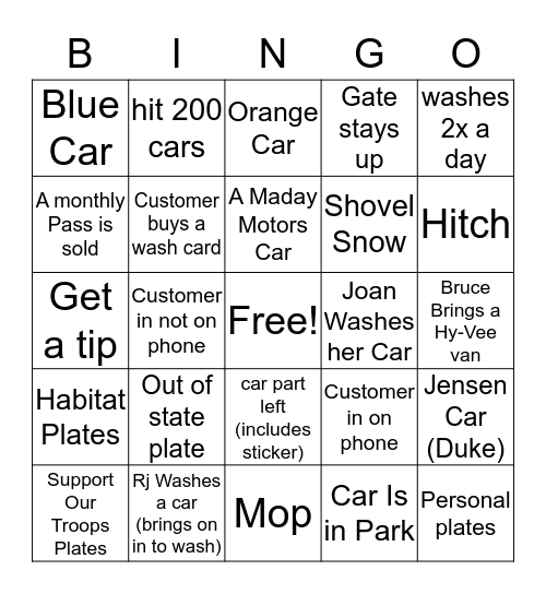 Car Wash Bingo Card