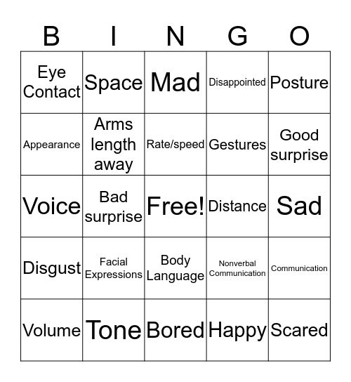 Non-verbal Communication Bingo Card
