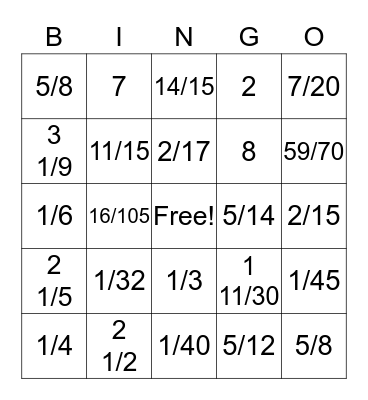 Fraction Bingo Card