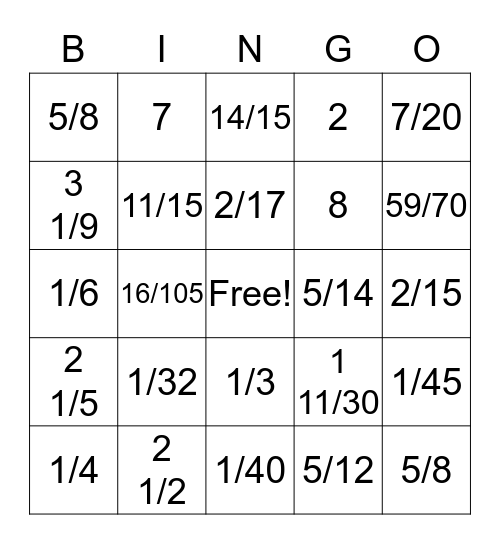 Fraction Bingo Card