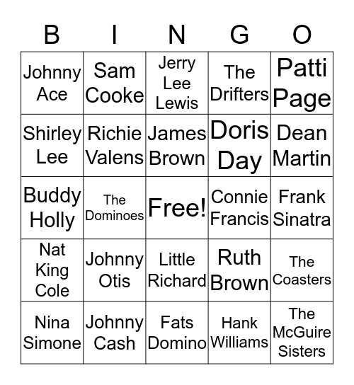 Artists of the 50's Music Bingo Card