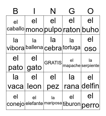 Animales Bingo Card