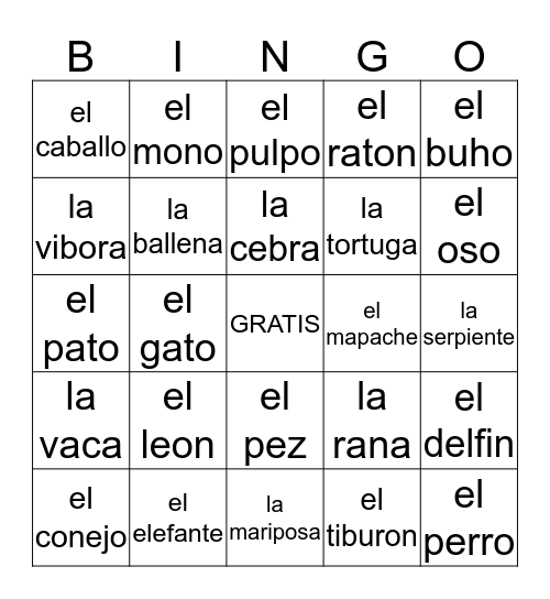 Animales Bingo Card