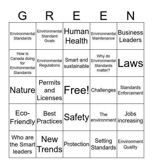 Environmental Standards- Green Bingo Card