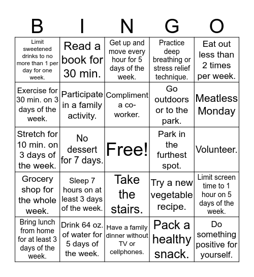 Goss Wellness Bingo Challenge Bingo Card
