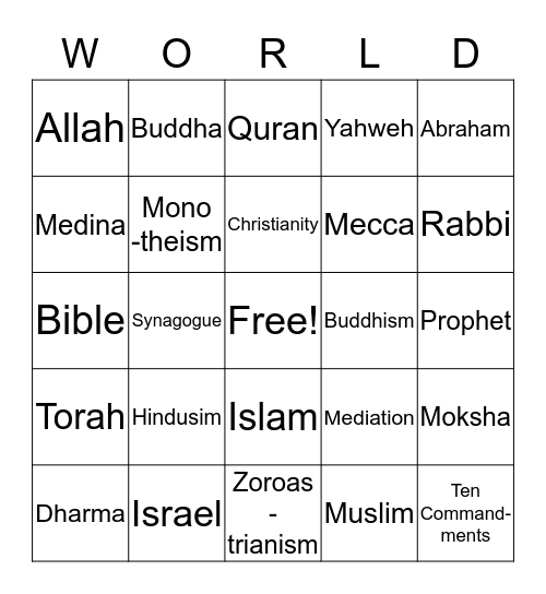World Religions Bingo Card