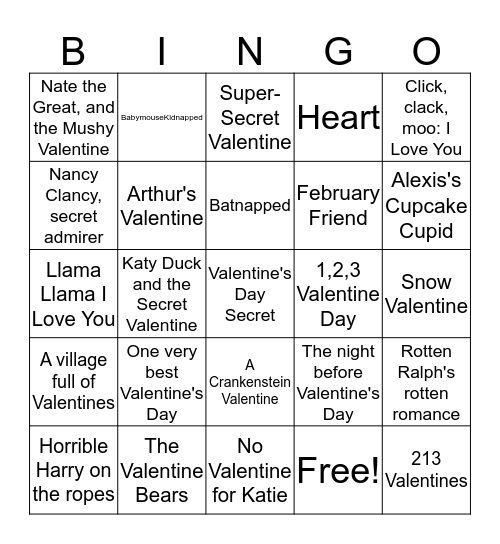 Valentine Books Bingo Card