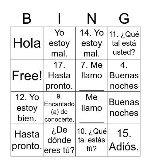 Saludos y Despedidas Bingo Card