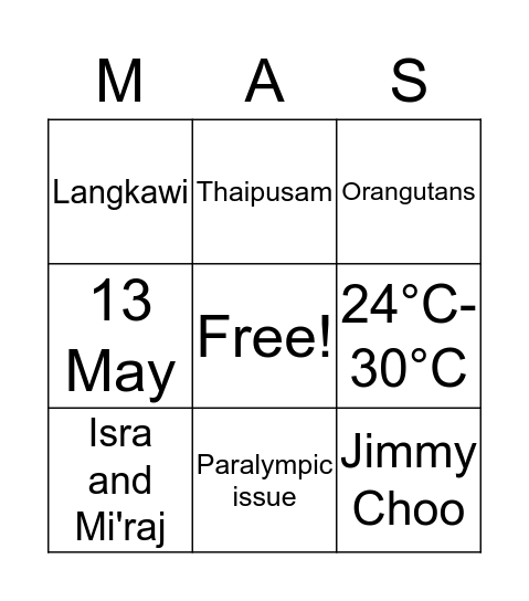 Malaysia Bingo Card