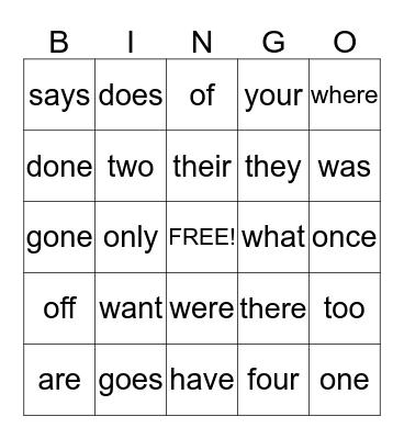 Sight Words Bingo Card