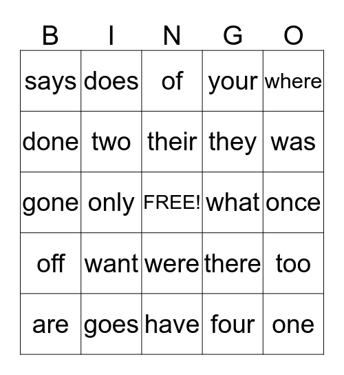Sight Words Bingo Card