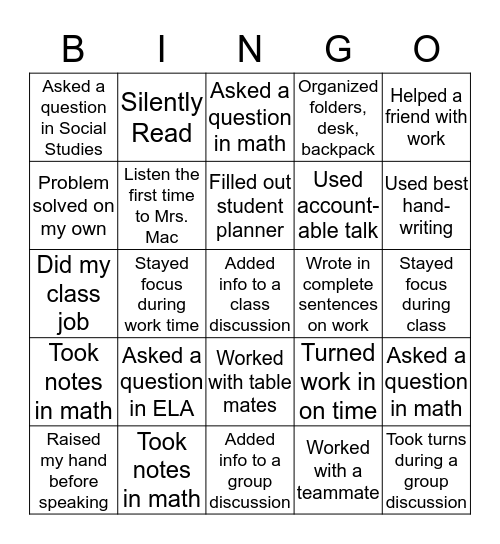 Participation Bingo Card