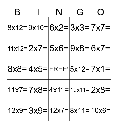 Multiplication Bingo!!! Bingo Card