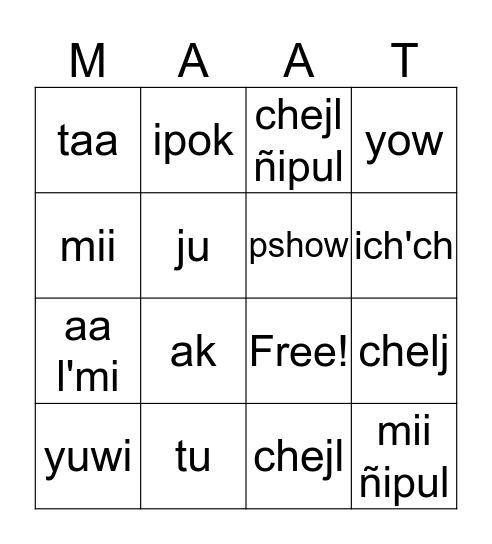 Maat Bingo Card