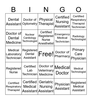 Healthcare Careers Abbreviatons Bingo Card