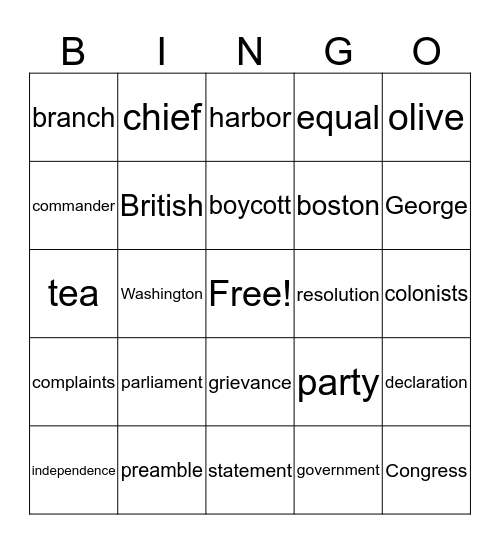 American Revolution Bingo Card