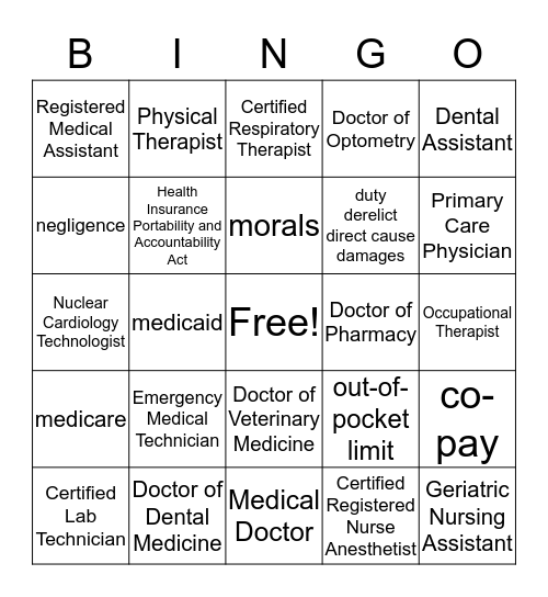 Career Abbrev. , Legal & Health Insurance Bingo Card