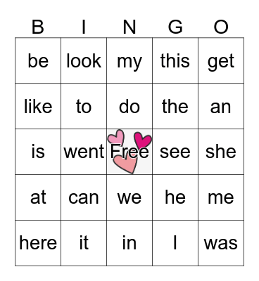 Valentine's Snap Word Bingo  Bingo Card