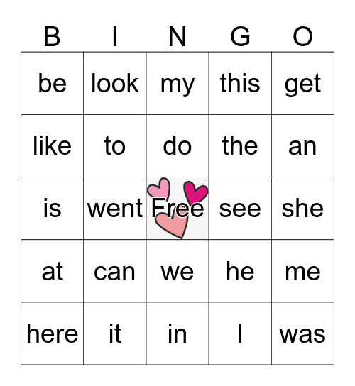 Valentine's Snap Word Bingo  Bingo Card