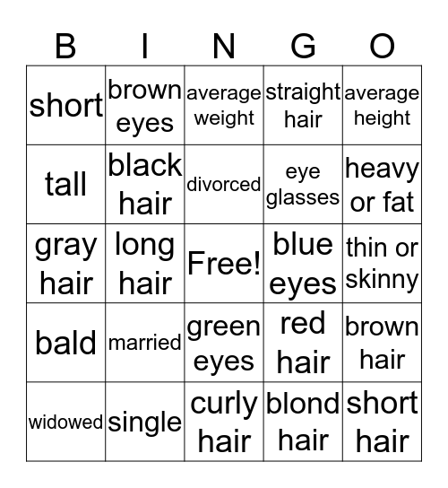 Describe people Bingo Card