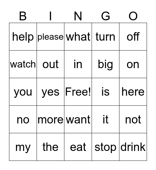 Core Words Bingo Card