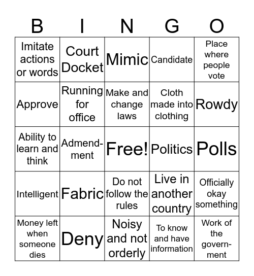 Lesson 22 Vocabulary Bingo Card