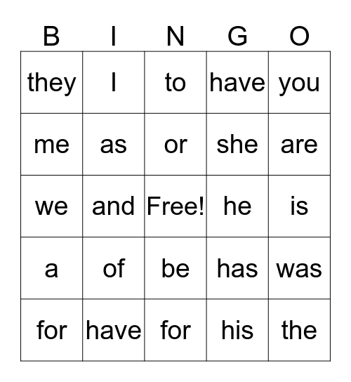Trick Word Bingo Card
