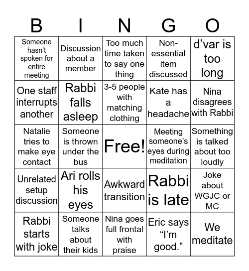 Staff Meeting Bingo Card