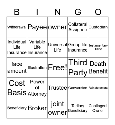 Life Insurance Bingo Card