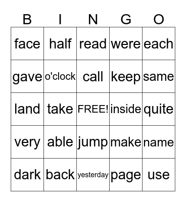 Sight Words Bingo Card
