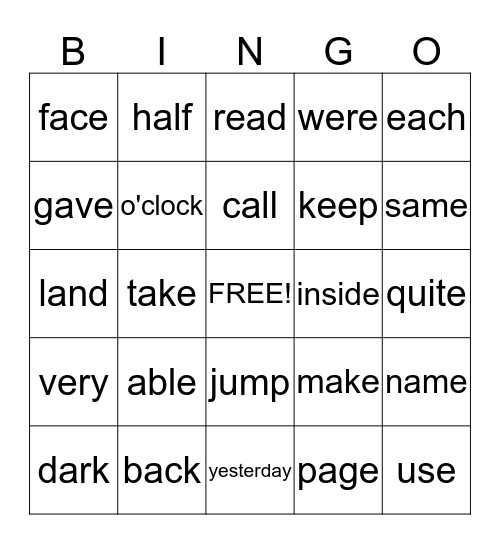 Sight Words Bingo Card