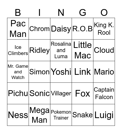 Super Smash Bros. Ultimate Characters Bingo Card