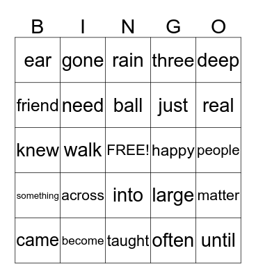 Sight Words Bingo Card