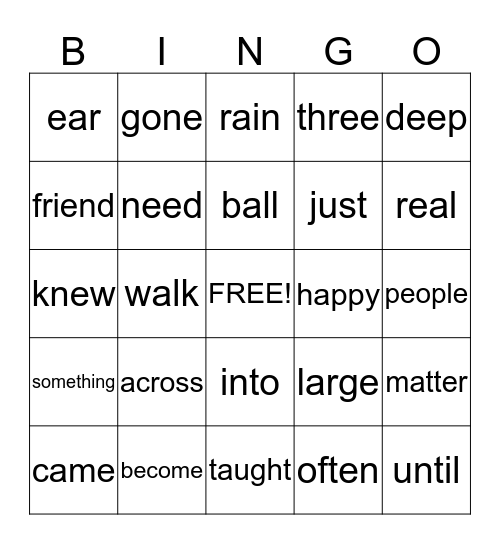 Sight Words Bingo Card