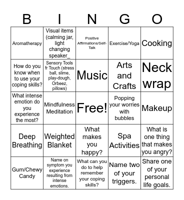 Coping Skill BINGO Card