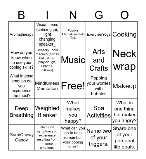 Coping Skill BINGO Card