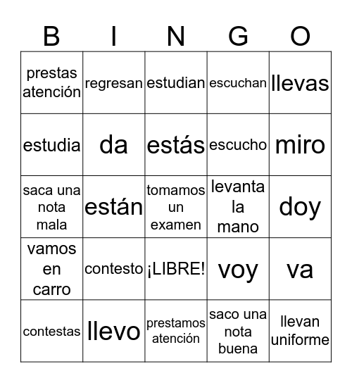 ¡AR Verbs! Bingo Card