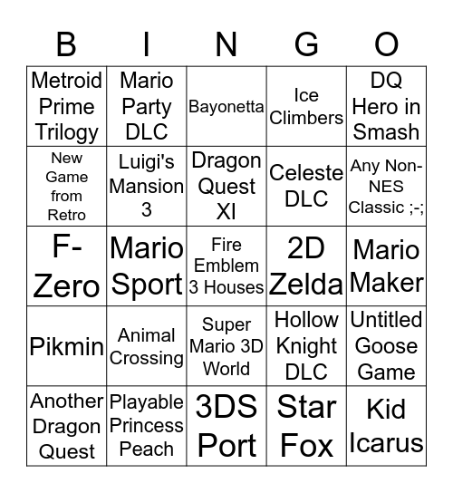 Nintendo Direct 2/13/19 Bingo Card