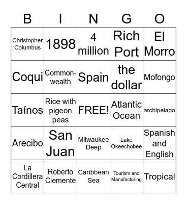 Puerto Rico Bingo Card