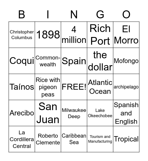 Puerto Rico Bingo Card
