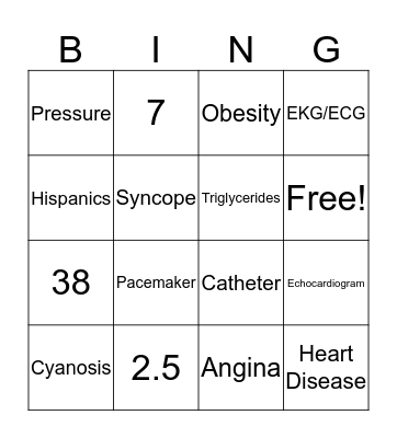 Heart Disease Bingo Card