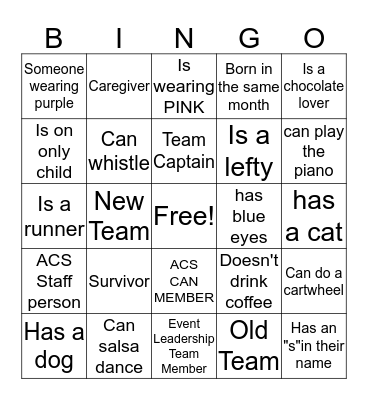 Clinton County Relay for Life Bingo Card