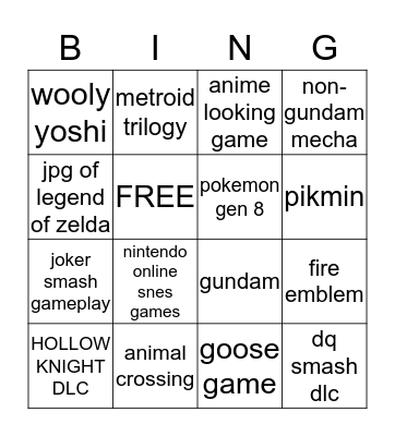 Nintendo Direct Bingo Card