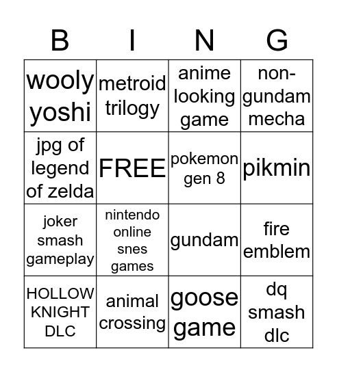 Nintendo Direct Bingo Card