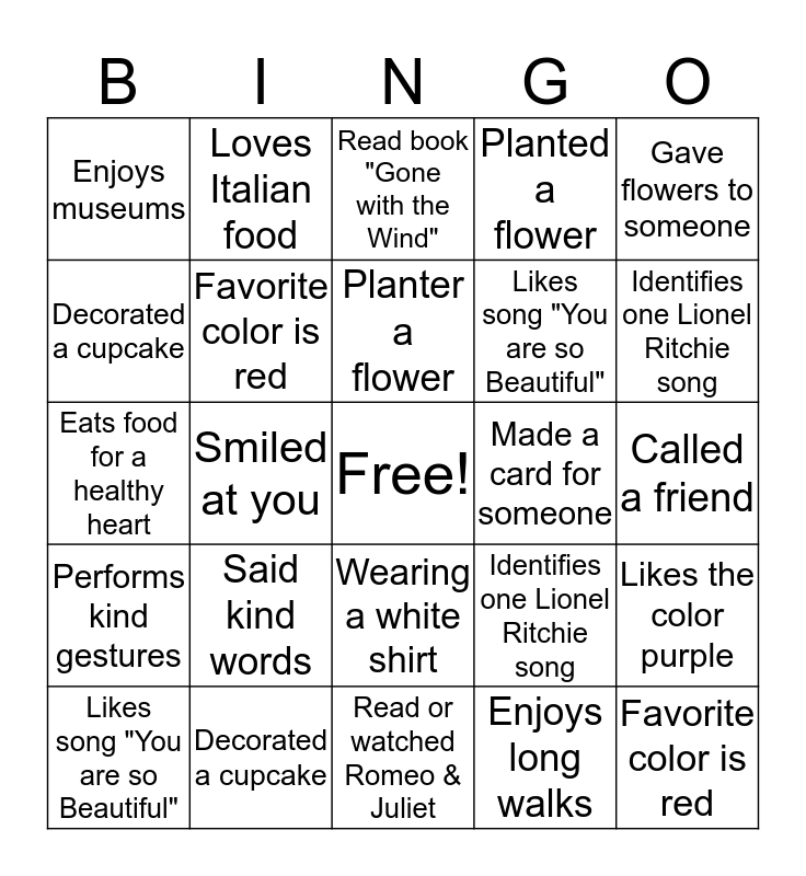 Valentine Interactive Bingo Card